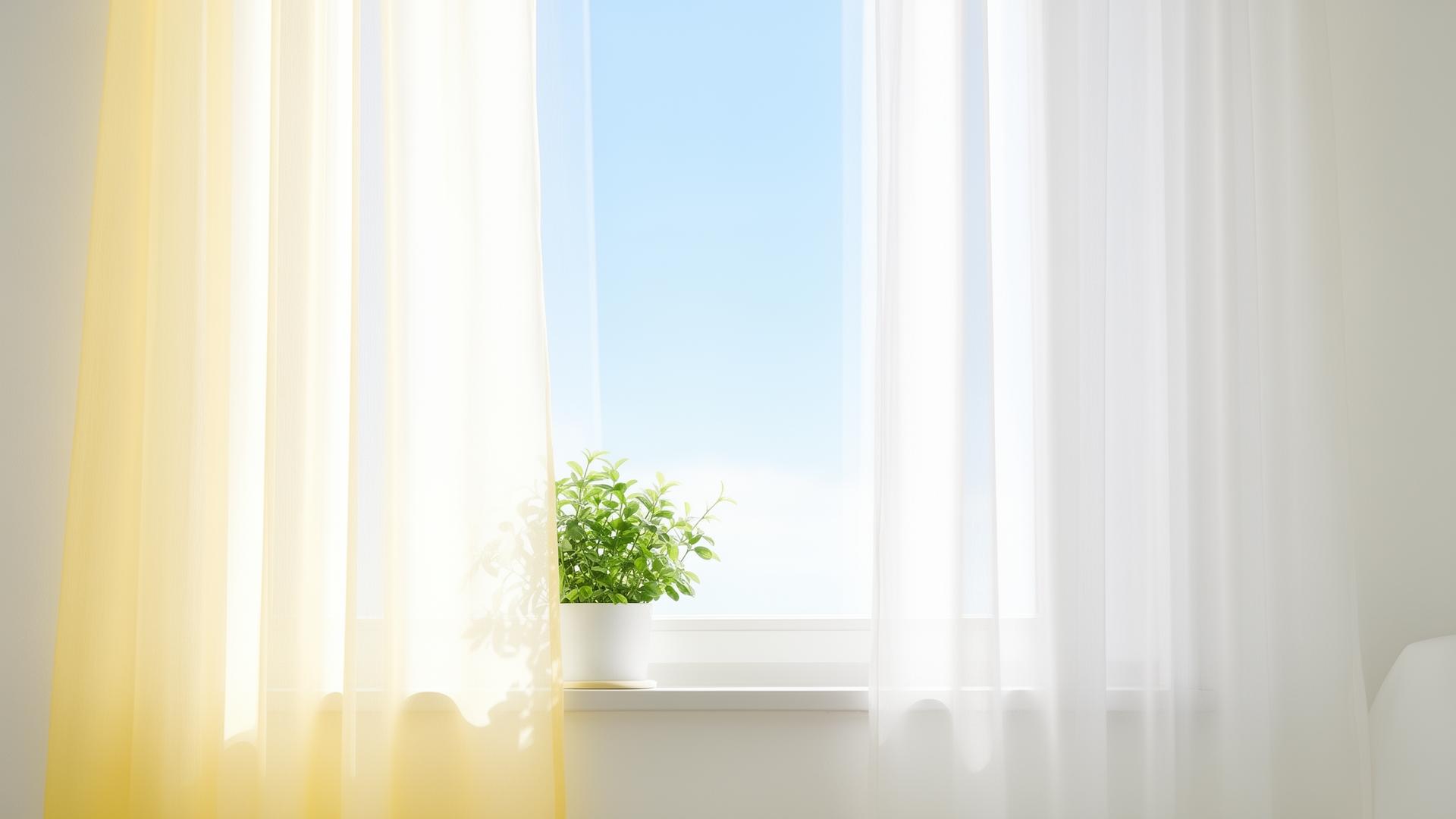 Ventana con luz natural suave, planta verde y cortinas blancas, símbolo de calma